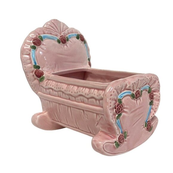 Other - Vintage Nursery Decor 1992 Handmade Pink Cradle Planter w Handpainted Rose Vine